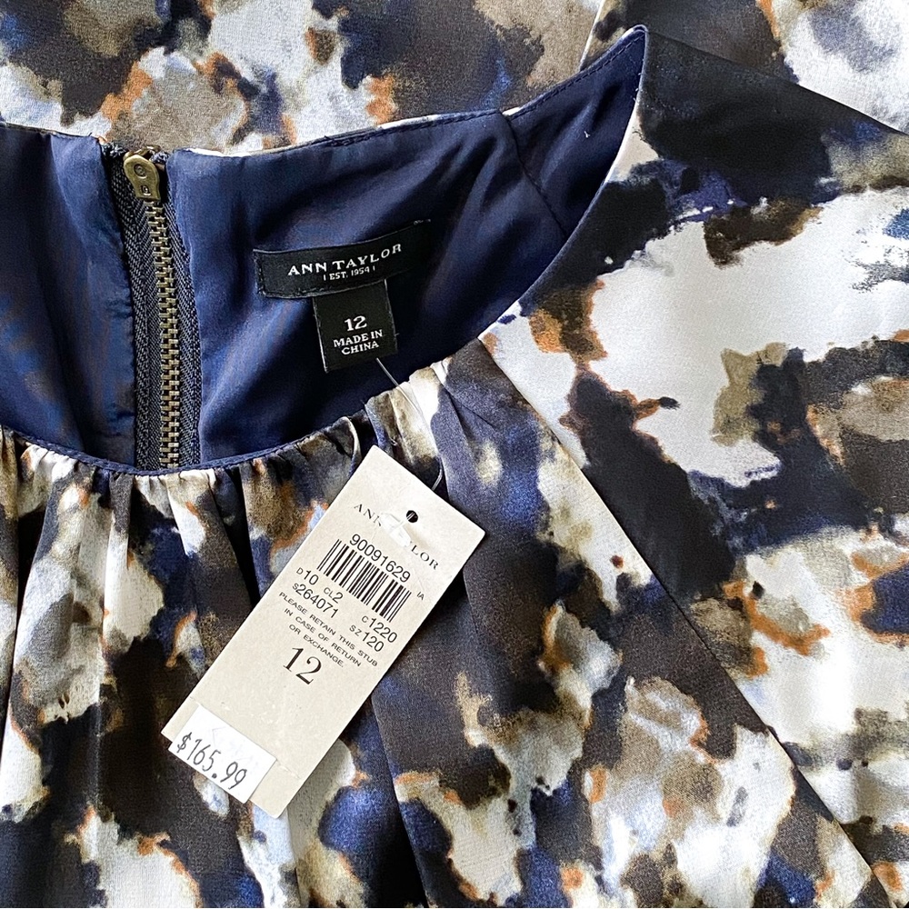 NWT Ann Taylor Navy & Brown Watercolor Print Inspired Dress, Size 12 - Picture 4 of 10